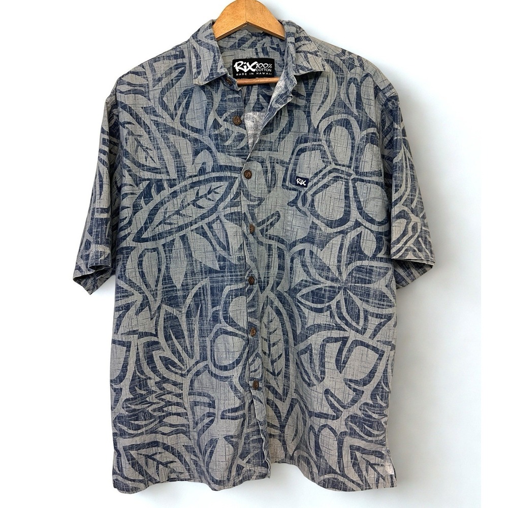 Rix Hawaii XL Aloha Shirt Made in Hawaii Blue Gray Floral Tropical Cotton Button
